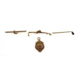 9ct gold crescent and star bar brooch set seed pearls and sapphire, by J G & S, W.5.7cm; 9ct golf
