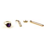 15ct gold tiepin by R P, Chester, 1927, 2.3grs; yellow metal ring set purple stone, stamped 9ct, and