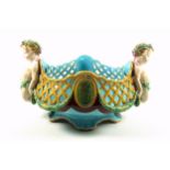 Victorian Mintons majolica shaped oval bowl with pierced lattice decoration, swags, and faun