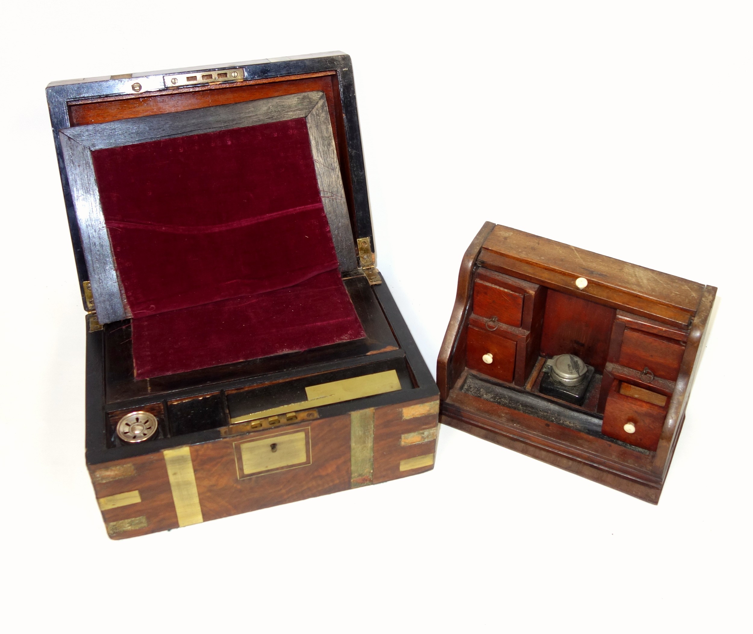 Victorian brass inlaid rosewood portable writing desk with 2 brass covered wells and secret panel - Image 11 of 14