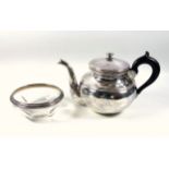 White metal spherical teapot with loose cover and ebonised scroll handle, stamped "90", W.24.5cm,