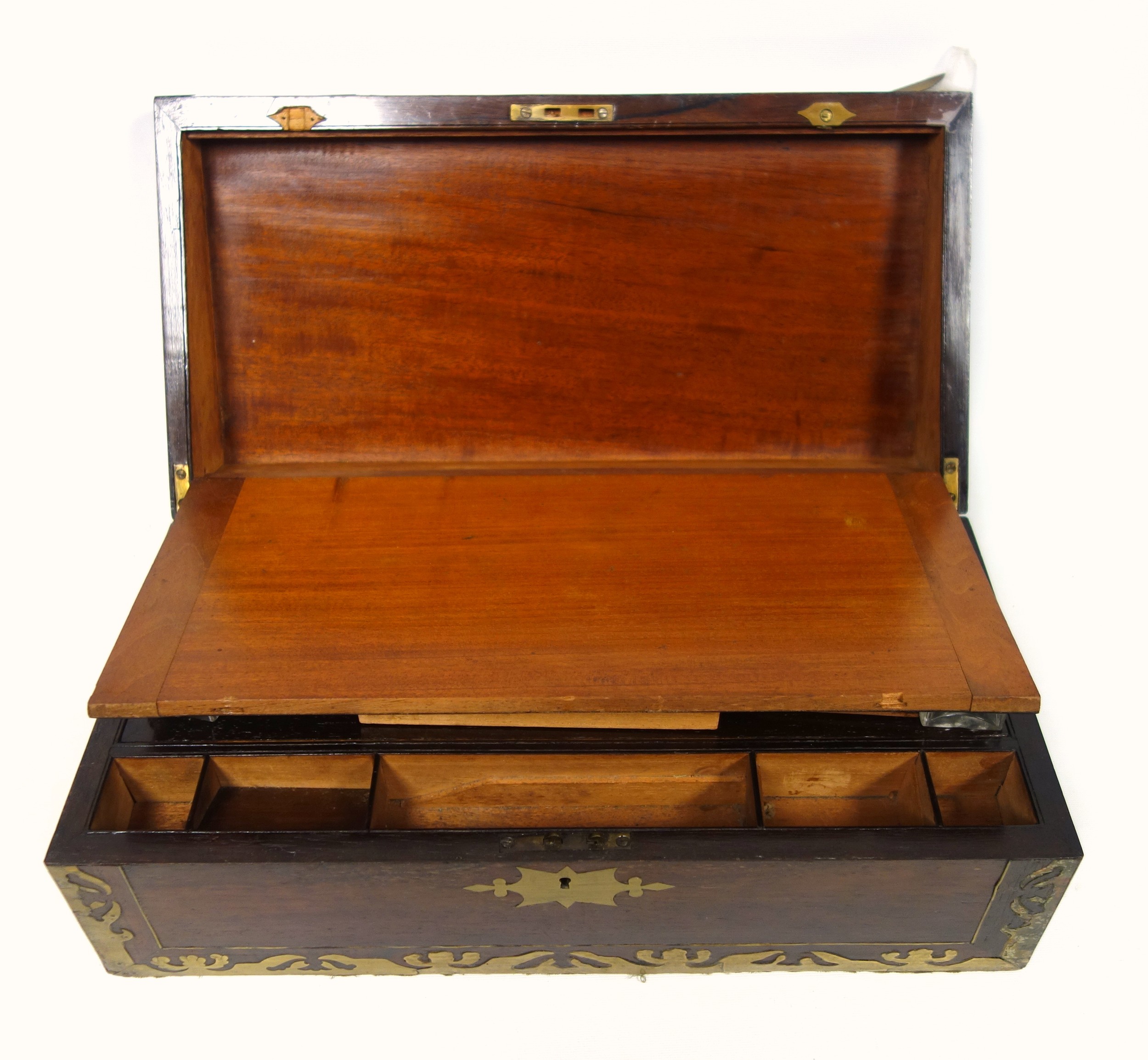 Victorian brass inlaid rosewood portable writing desk with 2 brass covered wells and secret panel - Image 4 of 14