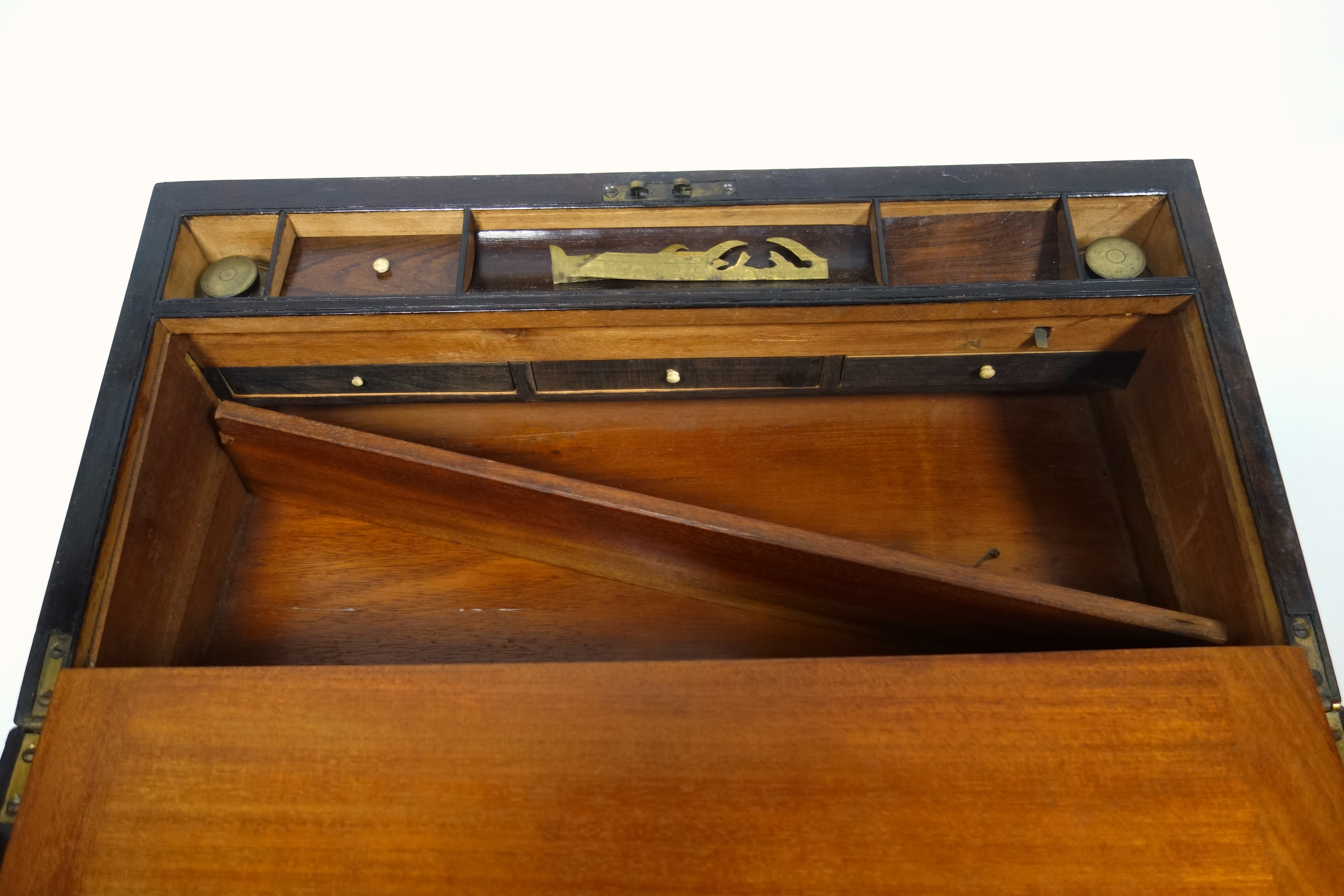 Victorian brass inlaid rosewood portable writing desk with 2 brass covered wells and secret panel - Image 6 of 14