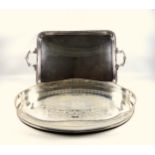 Silver plated on copper twin handled oval tray, engraved with floral and scroll decoration, the