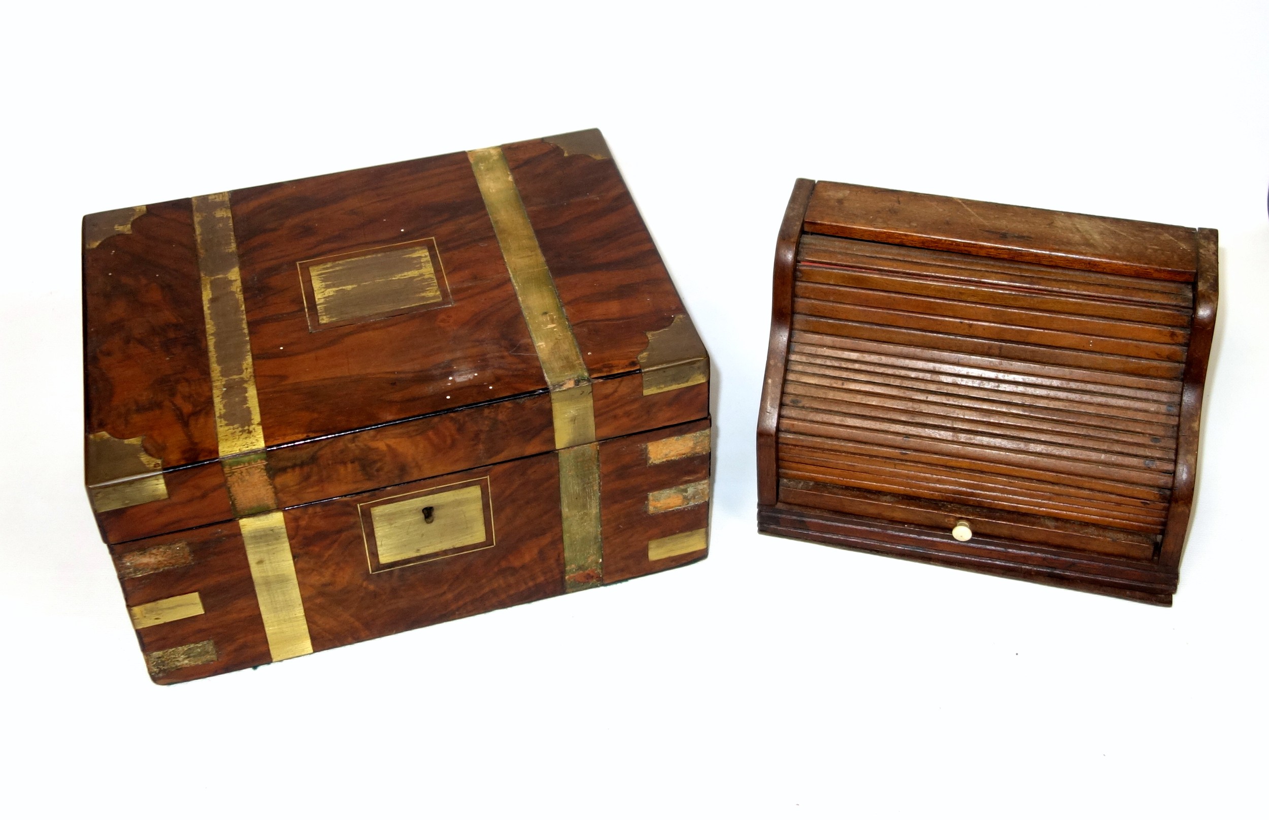 Victorian brass inlaid rosewood portable writing desk with 2 brass covered wells and secret panel - Image 10 of 14
