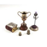 Silver hat pin stand with thistle finial by Adie & Lovekin Ltd, 1910, two silver thimbles, small