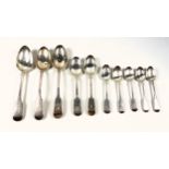 Georgian silver Fiddle pattern table spoon, 2 teaspoons, 2 Victorian table spoons, dessert spoon,