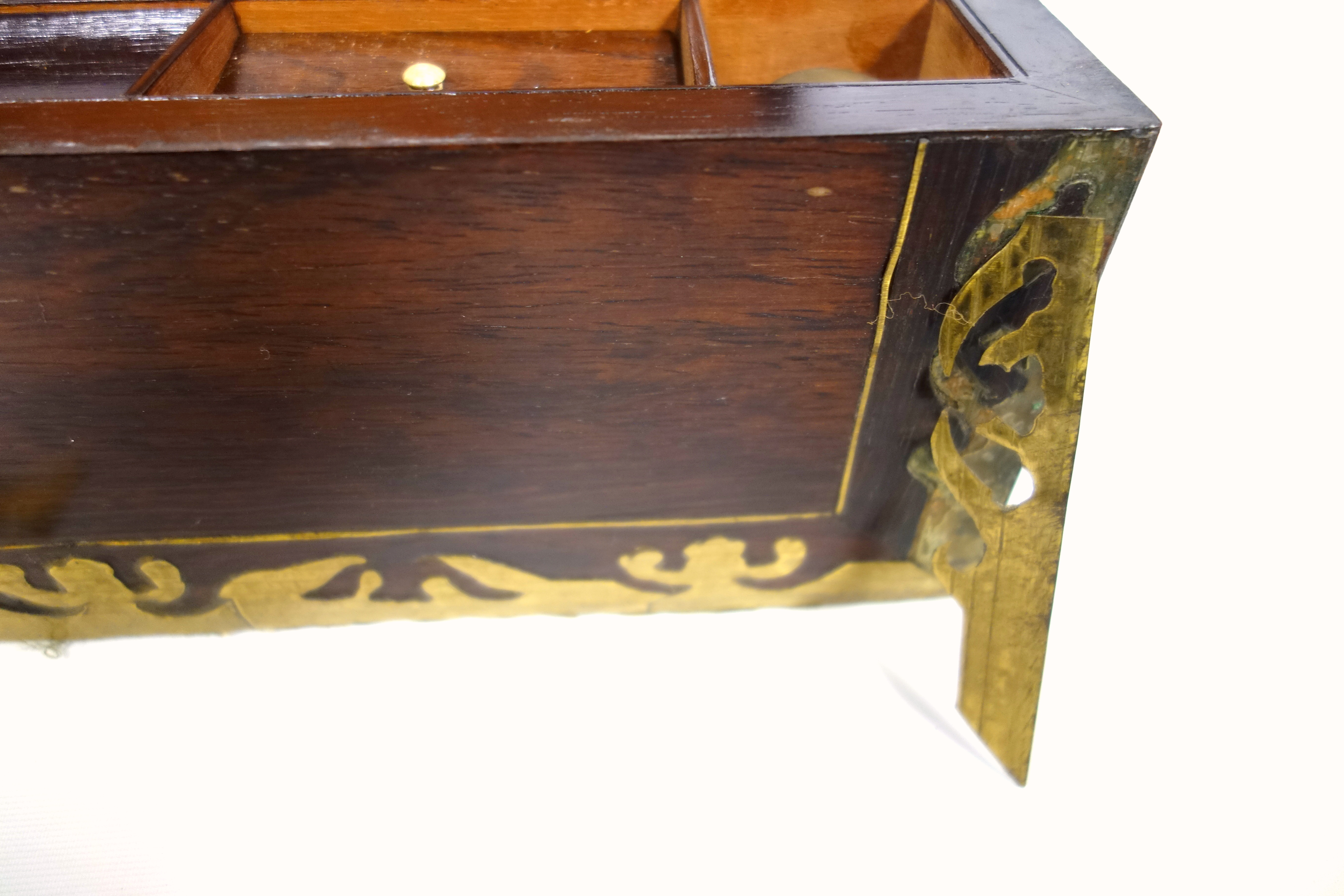 Victorian brass inlaid rosewood portable writing desk with 2 brass covered wells and secret panel - Image 8 of 14