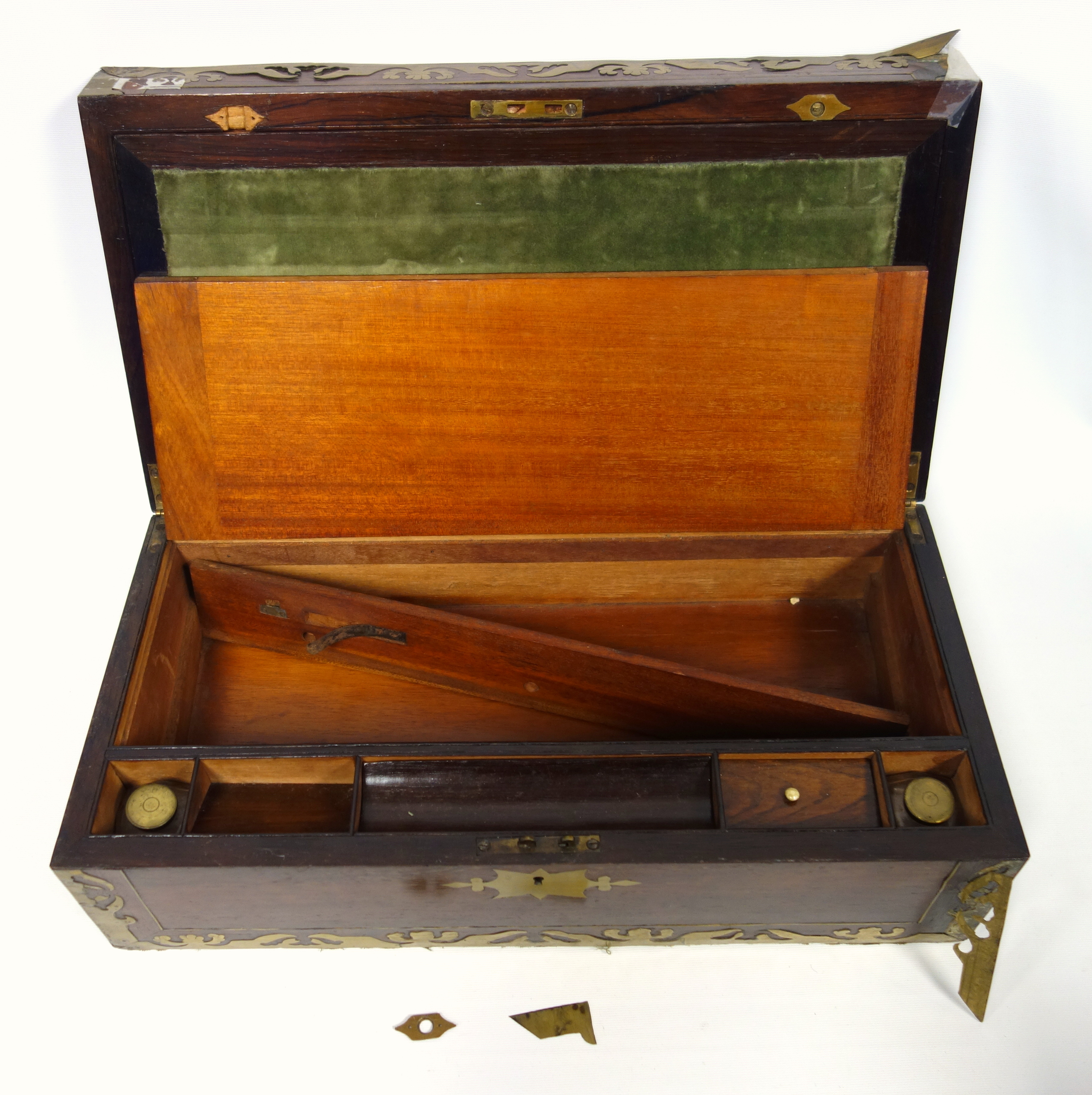 Victorian brass inlaid rosewood portable writing desk with 2 brass covered wells and secret panel - Image 5 of 14