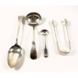 George III silver Bright-Cut Old English pattern tablespoon, London, 1793; George IV salt spoon,