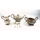 William IV silver 3 piece tea set comprising teapot, twin handled sugar bowl, and milk jug, the