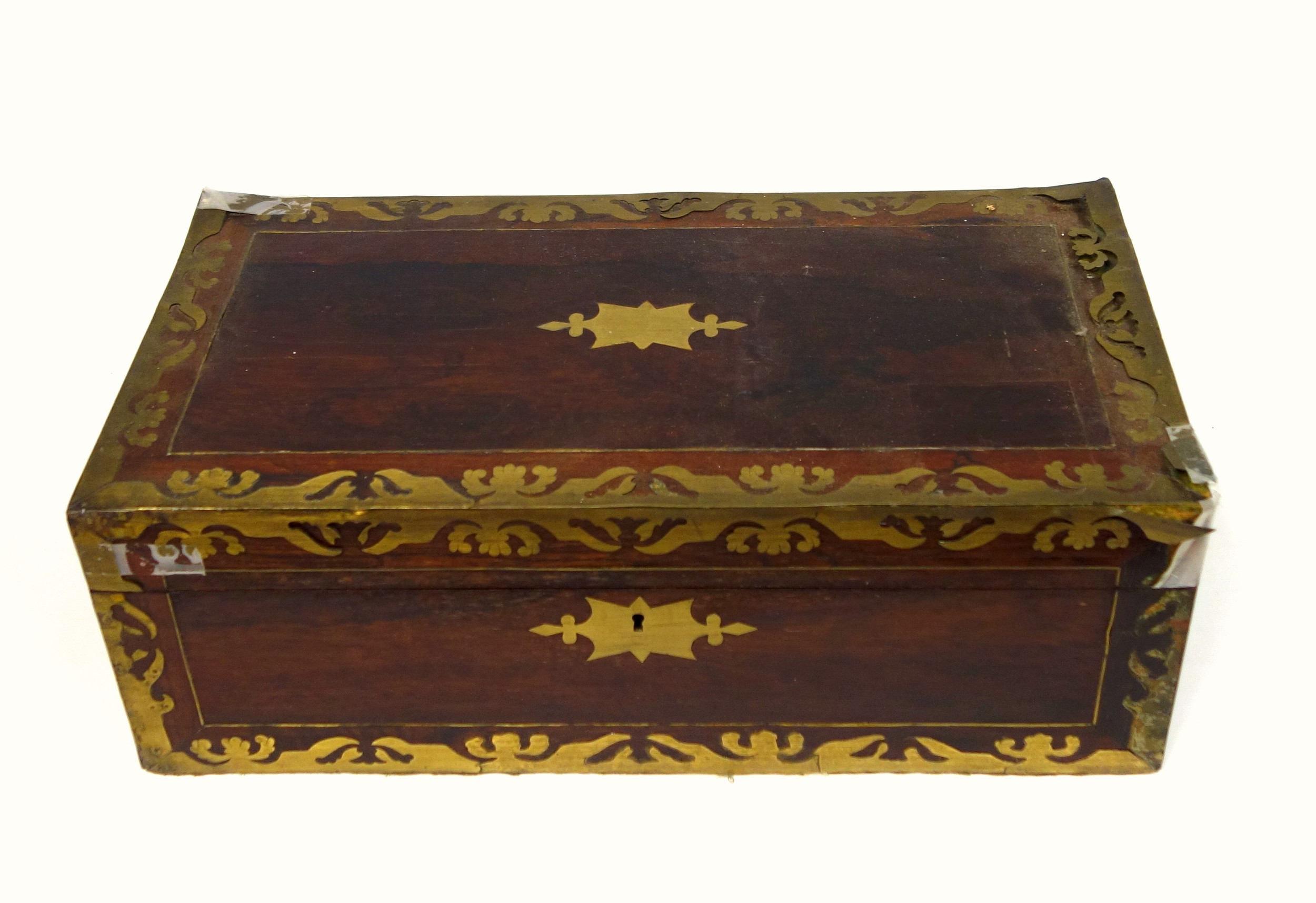 Victorian brass inlaid rosewood portable writing desk with 2 brass covered wells and secret panel
