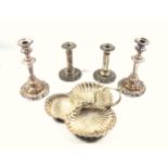 2 pairs of Victorian plated candlesticks, tallest H.22.5cm; trefoil dish, muffin dish, flatware