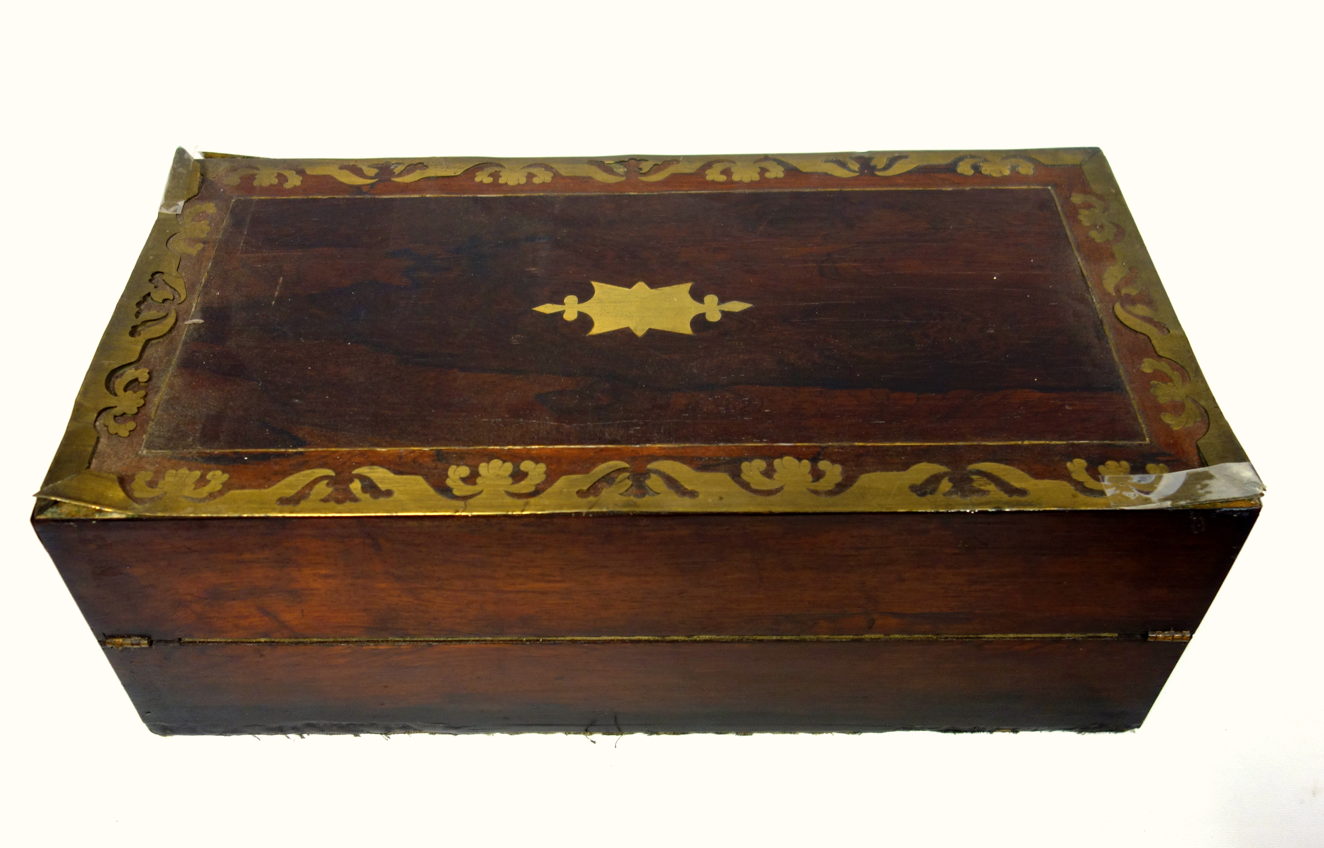 Victorian brass inlaid rosewood portable writing desk with 2 brass covered wells and secret panel - Image 2 of 14