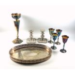 Silver plated copper oval tray, W.38.7cm; 3 piece coffee set, 2 teapots, hexagonal vase, H.31.3cm,