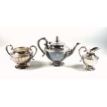 Silver plated 3 piece tea set, hot water jug, coffee pot, twin handled sucrier, 3 cruet stands