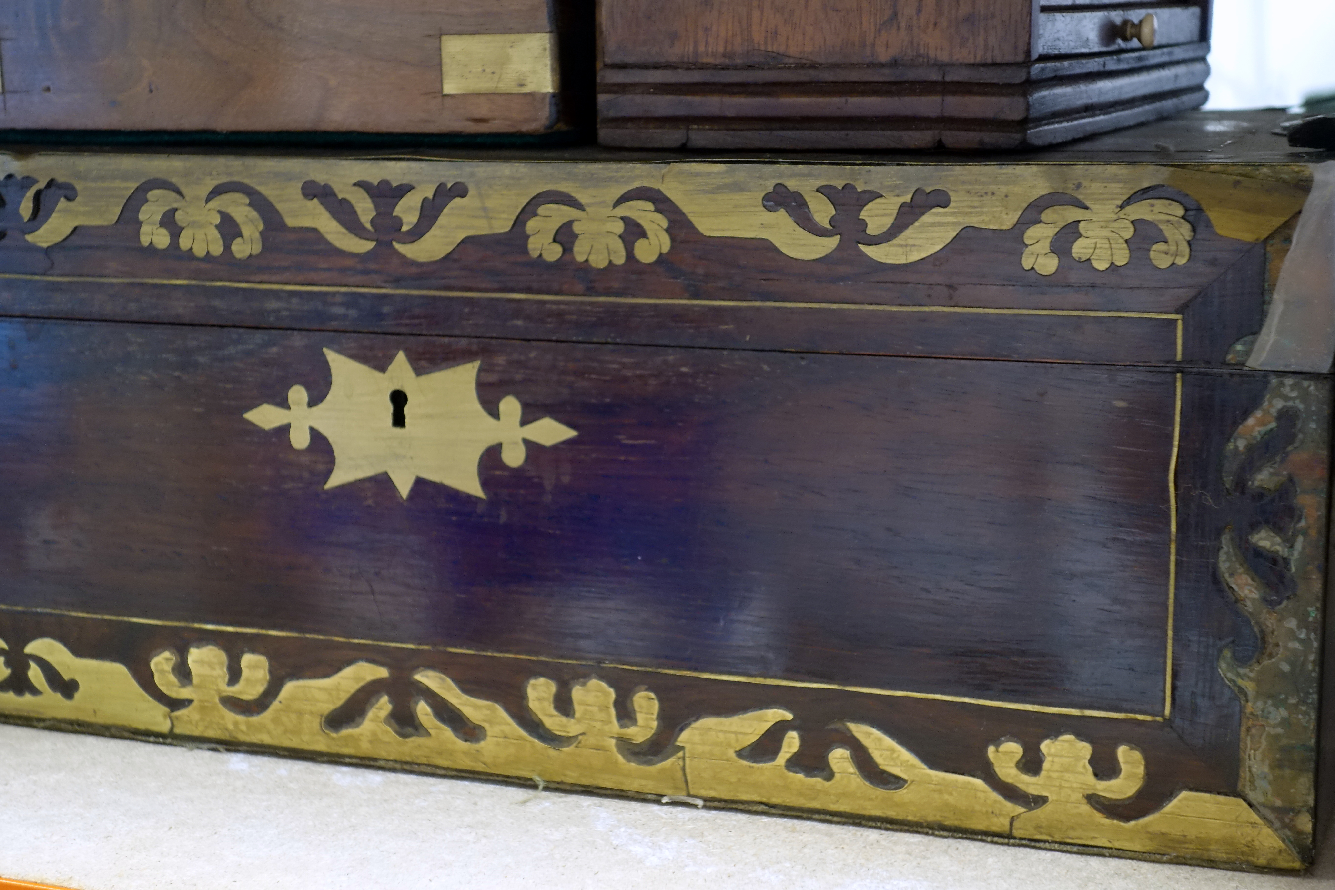 Victorian brass inlaid rosewood portable writing desk with 2 brass covered wells and secret panel - Image 9 of 14