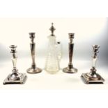 Pair of silver plated 3 light candelabra, each on a tapering column, circular base, H.40cm; pair