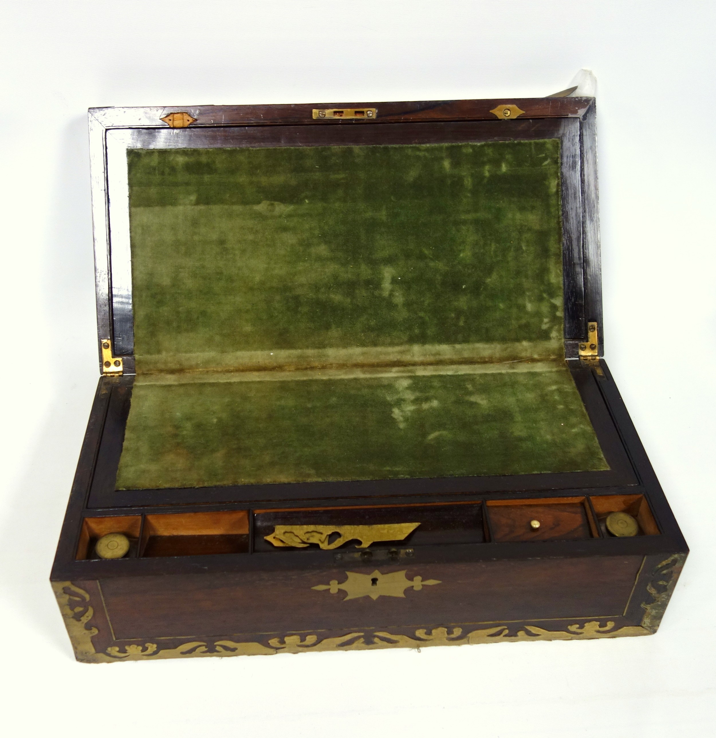 Victorian brass inlaid rosewood portable writing desk with 2 brass covered wells and secret panel - Image 3 of 14