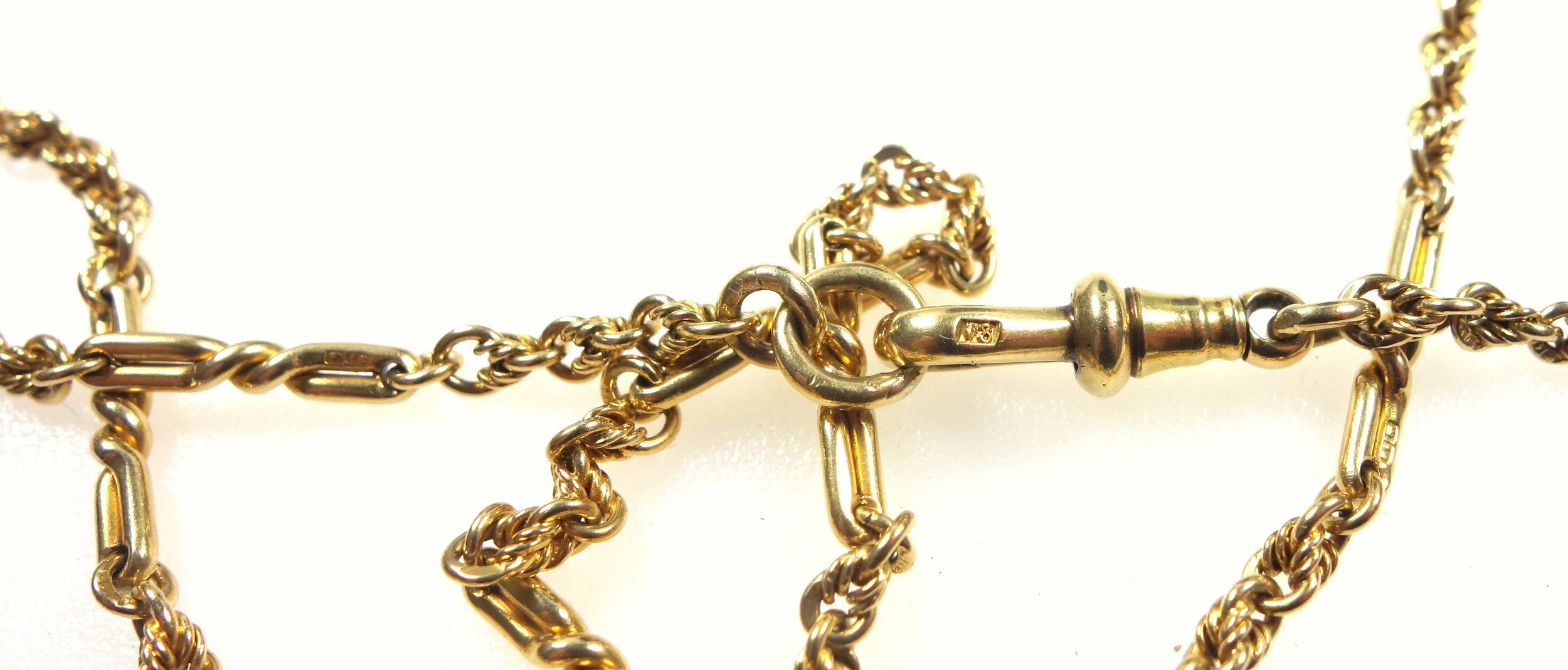 Victorian 18ct gold guard chain with fancy bar and twist links and "dog collar" clasp, L.150cm, 63. - Image 2 of 2