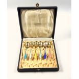 Set of 6 Norwegian silver gilt and guilloché enamel demitasse spoons, marked “925S”, in a Joh.