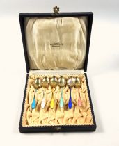 Set of 6 Norwegian silver gilt and guilloché enamel demitasse spoons, marked “925S”, in a Joh.