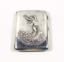 Edwardian Art Nouveau combination silver card case, the hinged front embossed with a woman in a