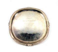 Indian white metal presentation salver, with a gadrooned rim with floral decoration, stamped "