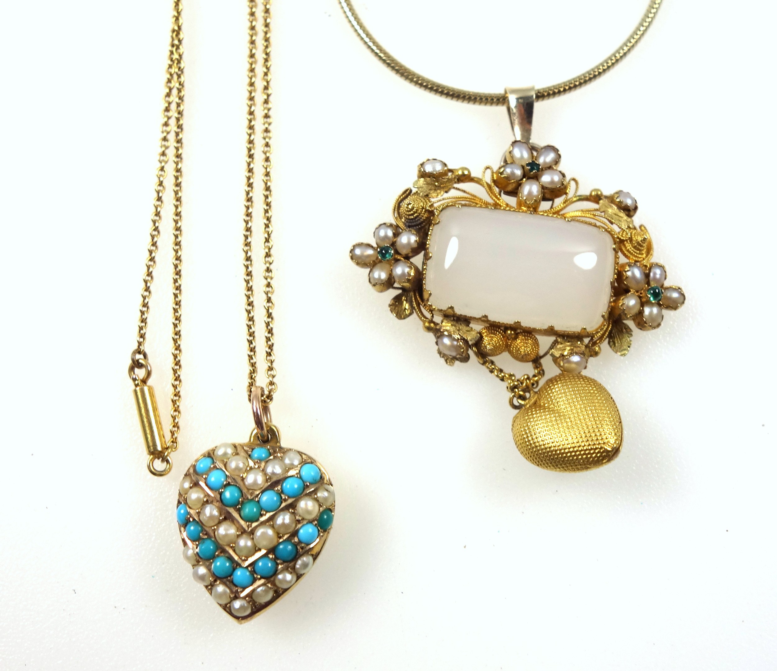 Late Victorian gold heart shaped locket pendant set seed pearls and turquoise, on a later 9ct fine - Image 2 of 6