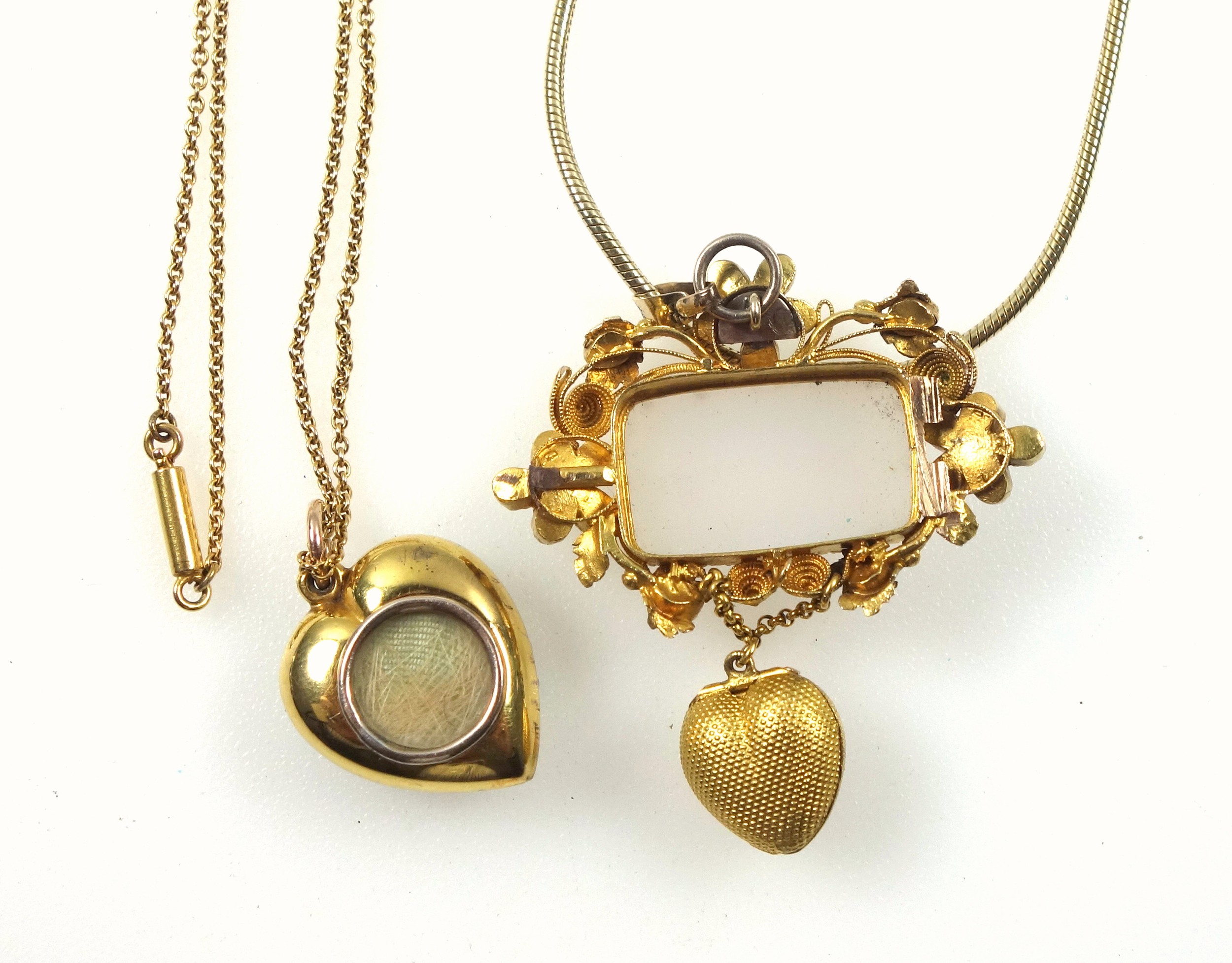 Late Victorian gold heart shaped locket pendant set seed pearls and turquoise, on a later 9ct fine - Image 3 of 6