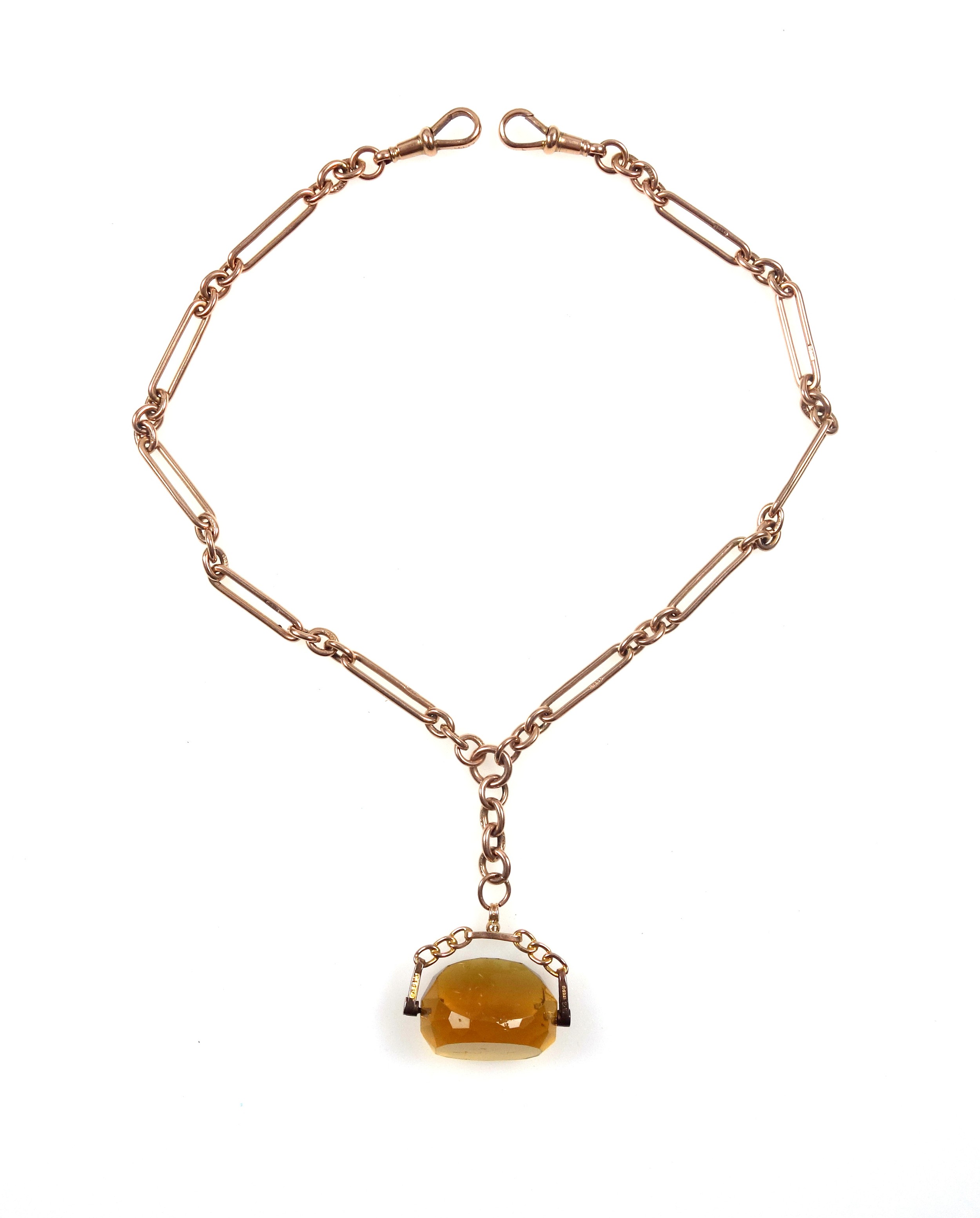 9ct gold Figaro belcher chain with two 'dog collar' clasps together with a 9ct gold citrine fob,