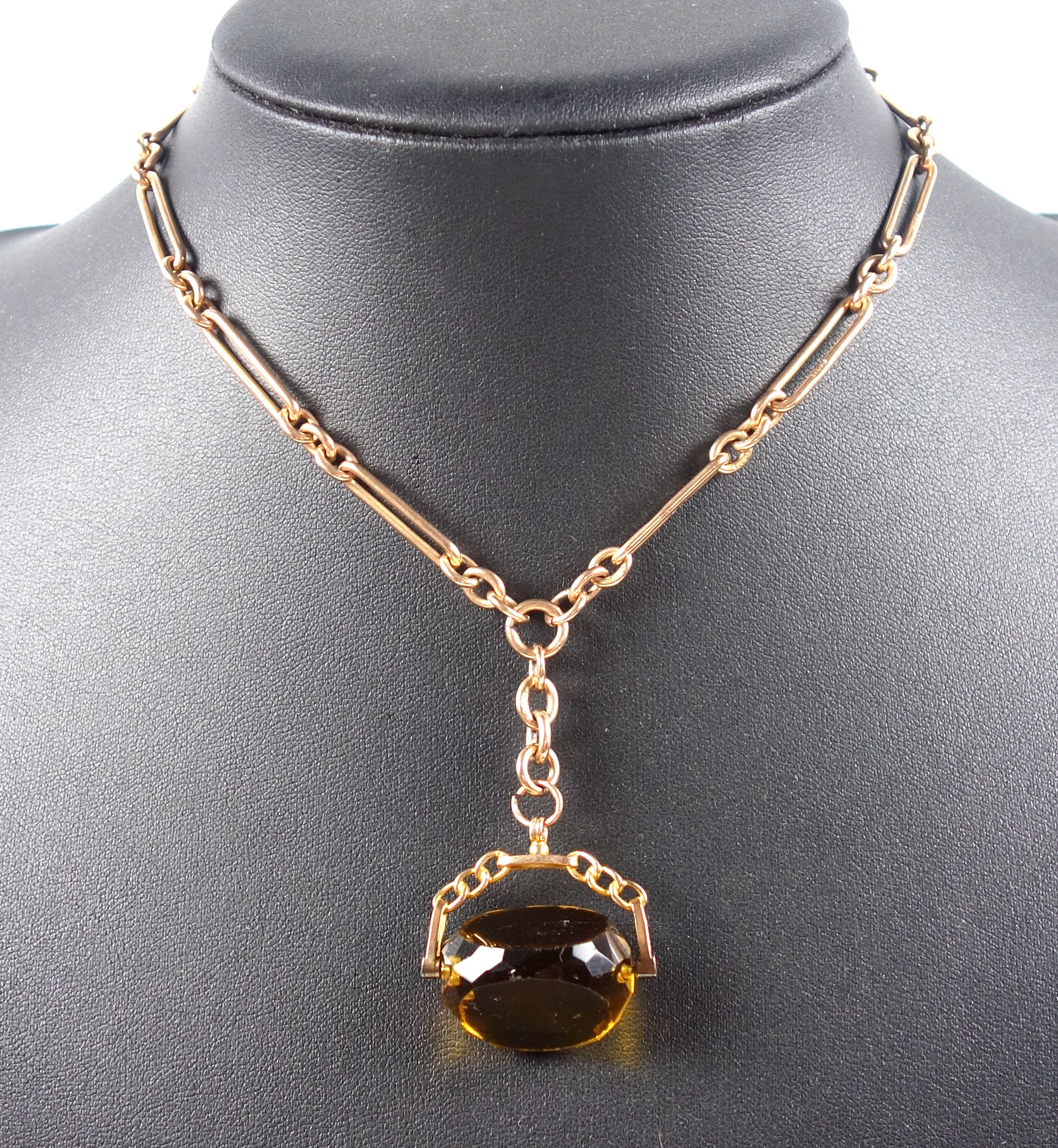 9ct gold Figaro belcher chain with two 'dog collar' clasps together with a 9ct gold citrine fob, - Image 5 of 5