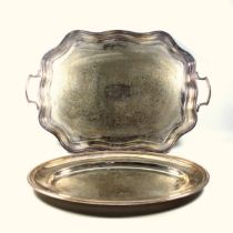 Christofle silver plate oval meat dish with a beaded rim, W.45cm; twin-handled tray, with wide