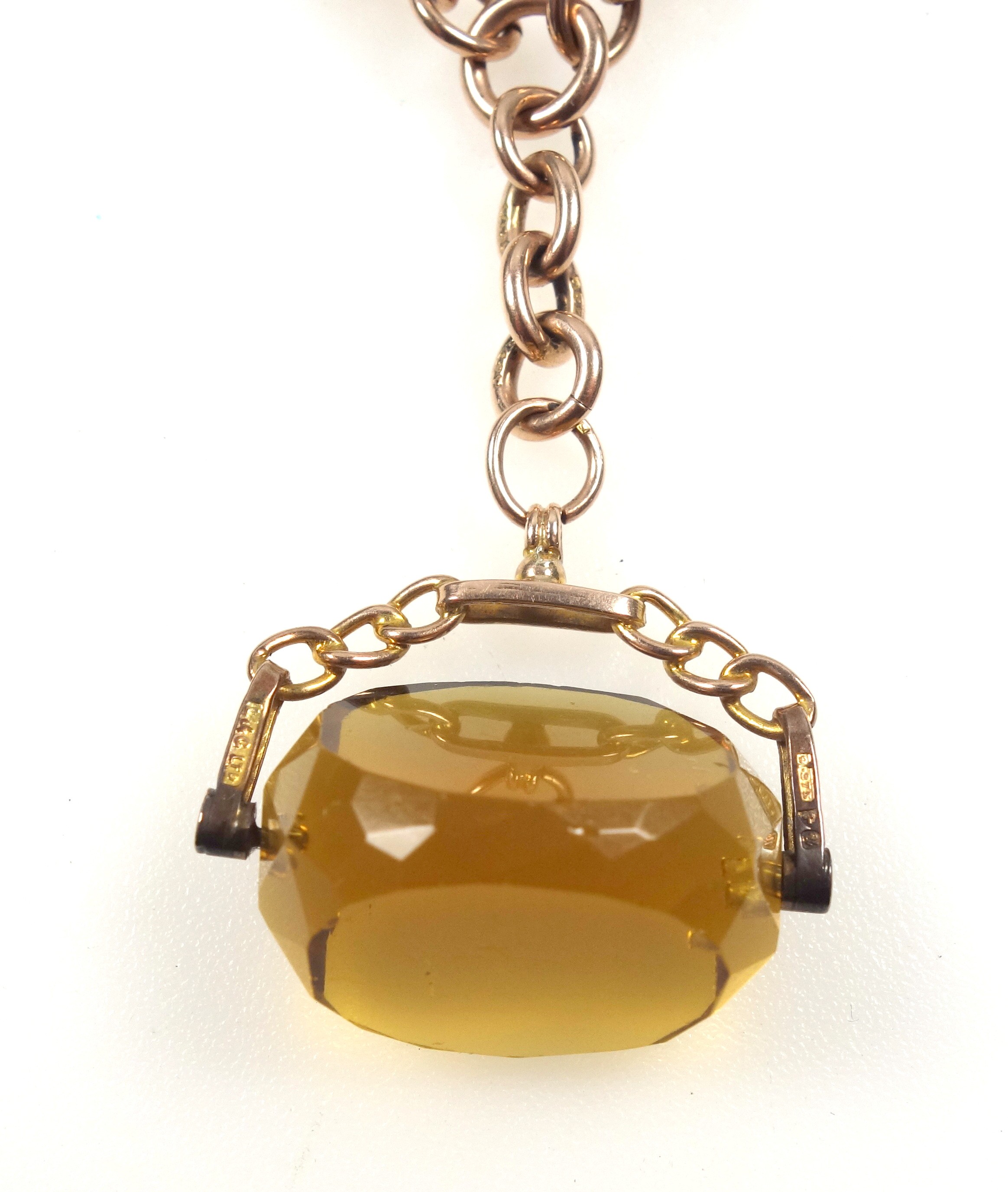 9ct gold Figaro belcher chain with two 'dog collar' clasps together with a 9ct gold citrine fob, - Image 2 of 5