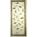 Pair of Chinese silk needlework panels with goldfish swimming, 85 x 35cm, in glazed frames, (with