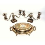 Pair of Old Sheffield Plate 2 branch candelabra, H.17cm; 2 silver plated oval trays with pierced