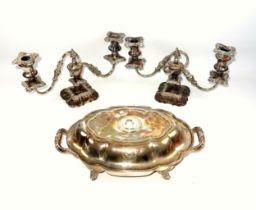 Pair of Old Sheffield Plate 2 branch candelabra, H.17cm; 2 silver plated oval trays with pierced