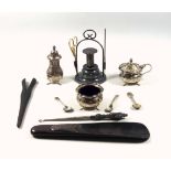 George VI silver 5 piece cruet comprising salt cellar and mustard pot with blue glass liners,