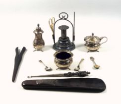 George VI silver 5 piece cruet comprising salt cellar and mustard pot with blue glass liners,