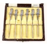Set of 6 George V silver cocktail sticks, each with a cockerel terminal, by James Dixon & Sons Ltd.,