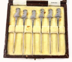 Set of 6 George V silver cocktail sticks, each with a cockerel terminal, by James Dixon & Sons Ltd.,