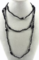 Victorian jet faceted bead guard chain, L.131cm; lapis luzuli and white metal pendant necklace,