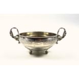 Russian silver bowl with 2 stork handles, engraved with a mountain and a city scene, and