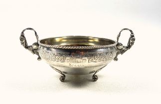 Russian silver bowl with 2 stork handles, engraved with a mountain and a city scene, and