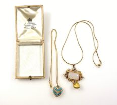 Late Victorian gold heart shaped locket pendant set seed pearls and turquoise, on a later 9ct fine