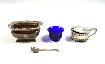 Regency silver rounded rectangular salt cellar with a gadrooned and shell rim, gilt interior, and