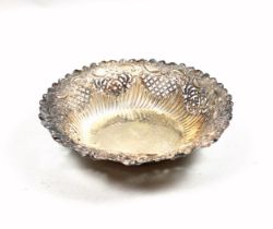 Victorian silver bowl with gadrooned, pierced lattice, and embossed floral decoration, within a