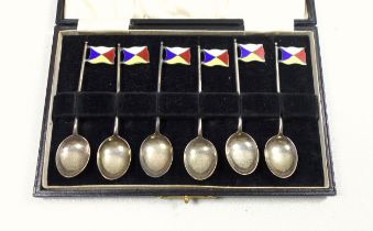 Set of 6 George V silver and enamel coffee spoons with nautical flags, by Barker Brothers Silver