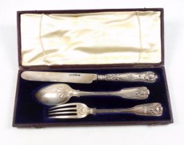 Victorian silver 3 piece christening set, Fiddle, Thread, and Shell pattern, weighable 73grs, cased.