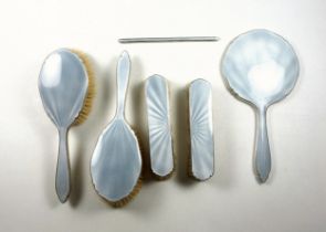 George V silver and light grey-blue guilloché enamel dressing table set, comprising 2 hairbrushes,